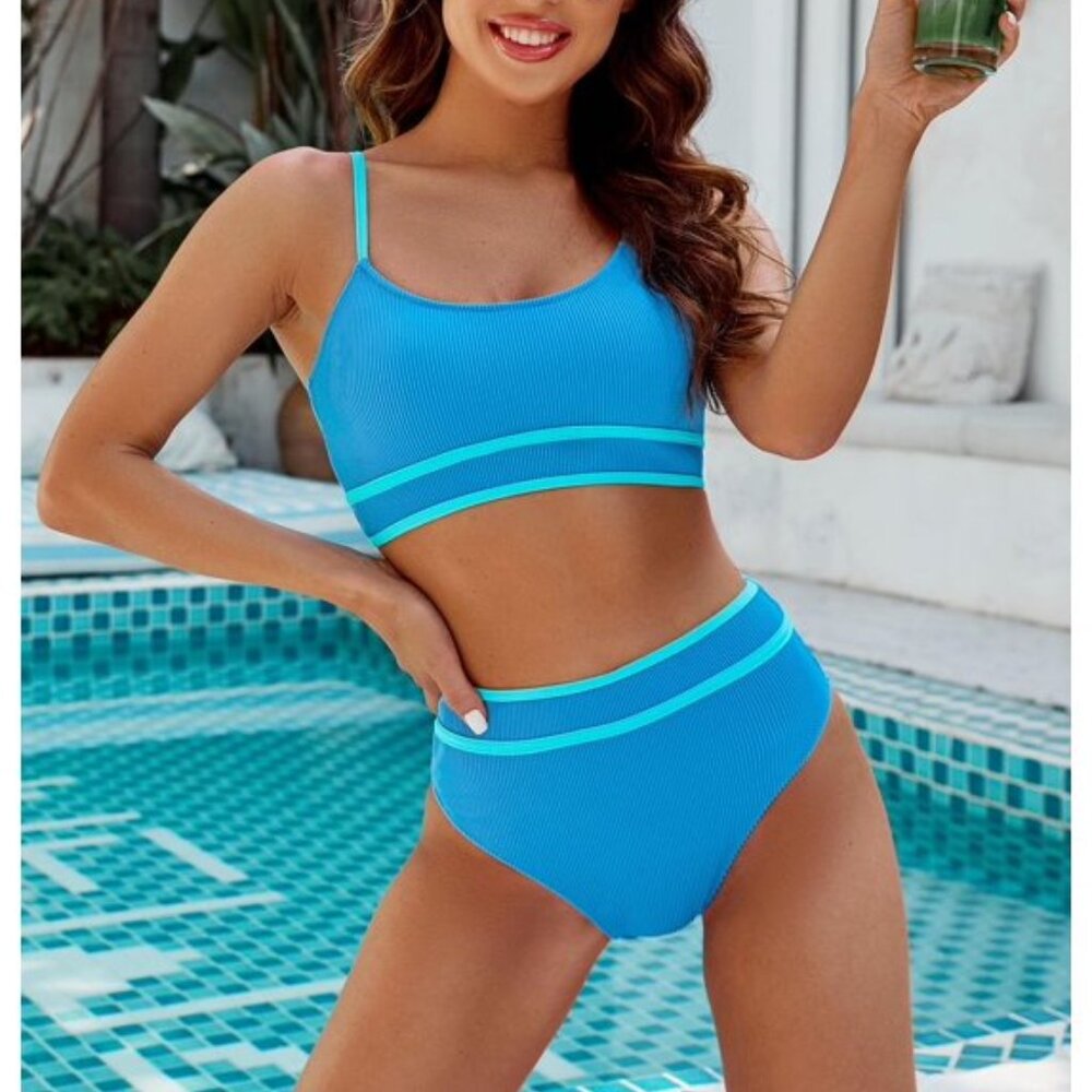 Blooming Jelly Ribbed High-Waisted Color Block Bikini Set | Size M | NWT